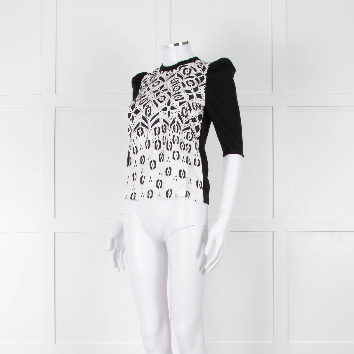 Louis Vuitton Black Knit White Printed Silk Front Top
