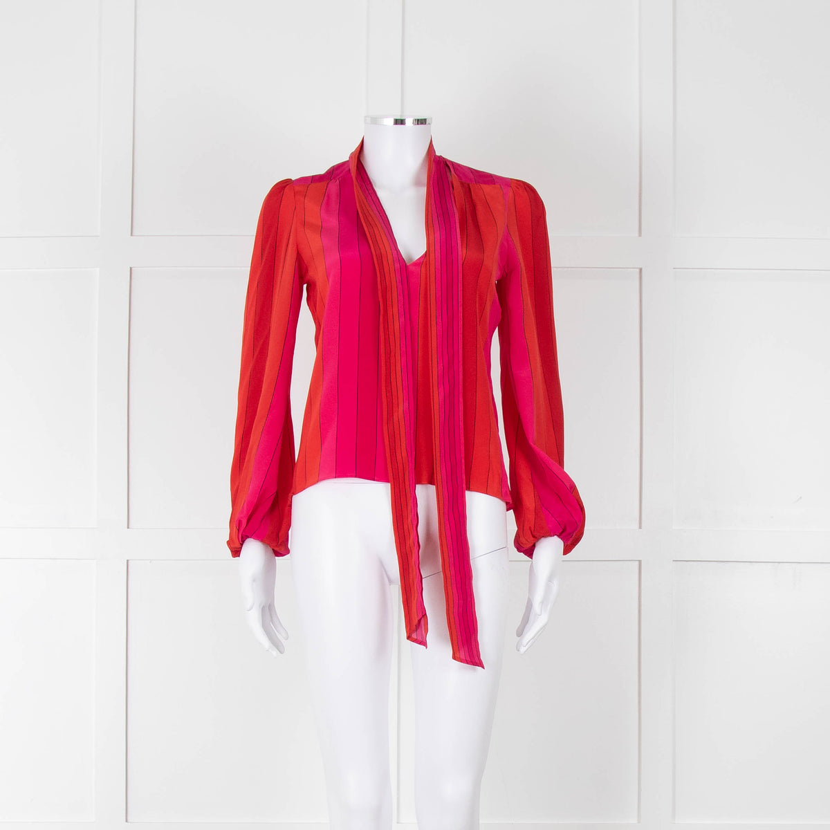 Rixo Pink Red Striped Pussy Bow Silk Blouse