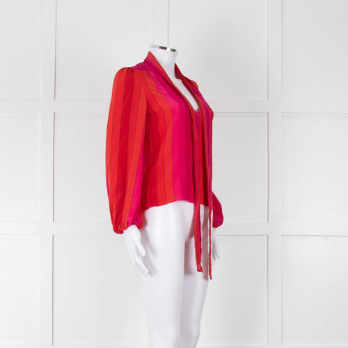 Rixo Pink Red Striped Pussy Bow Silk Blouse