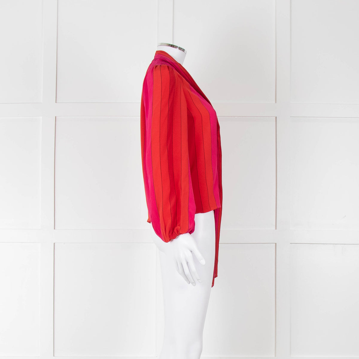 Rixo Pink Red Striped Pussy Bow Silk Blouse