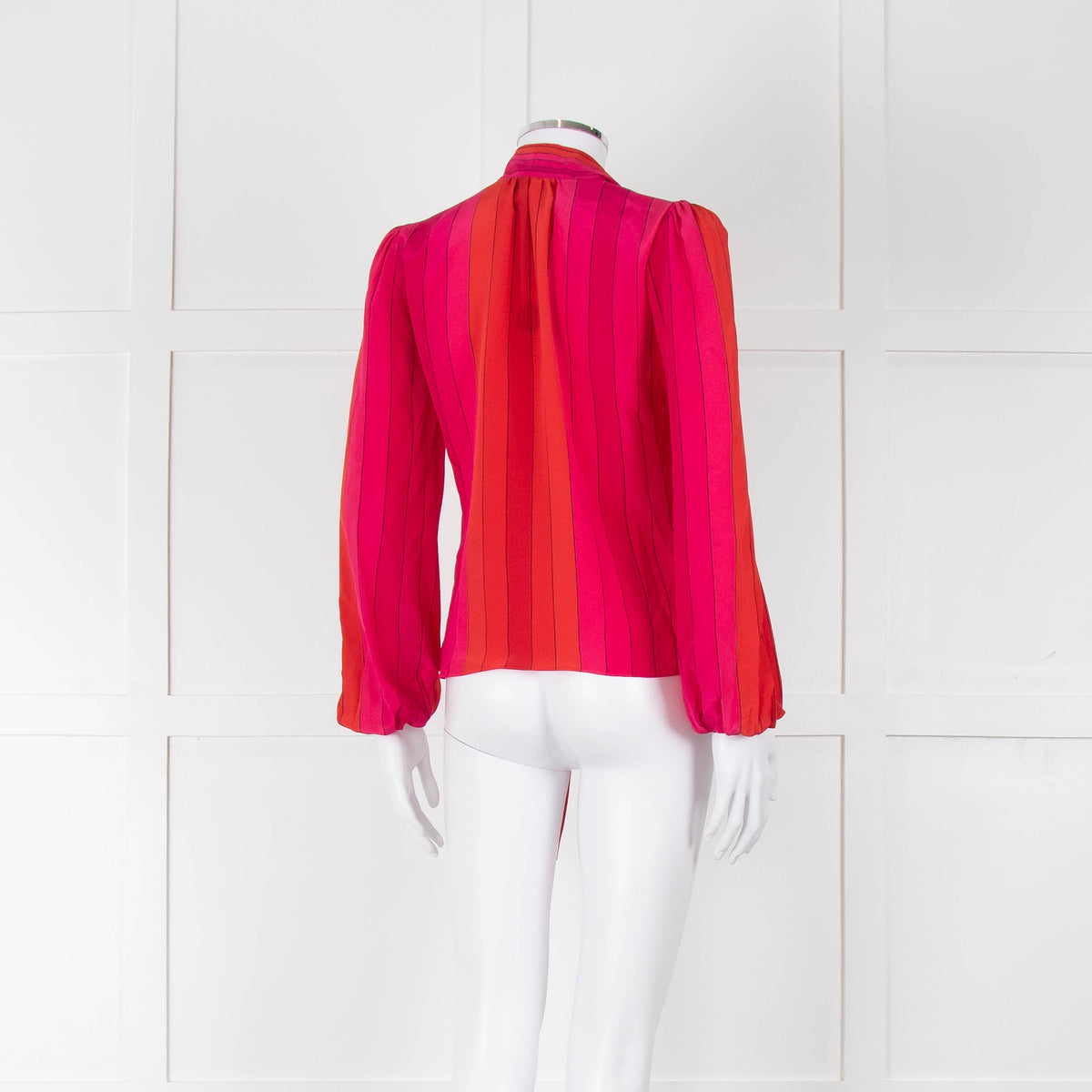 Rixo Pink Red Striped Pussy Bow Silk Blouse