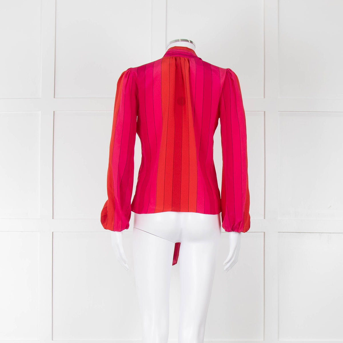 Rixo Pink Red Striped Pussy Bow Silk Blouse