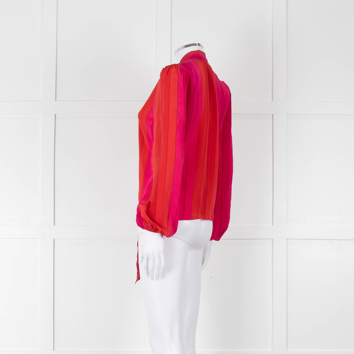 Rixo Pink Red Striped Pussy Bow Silk Blouse