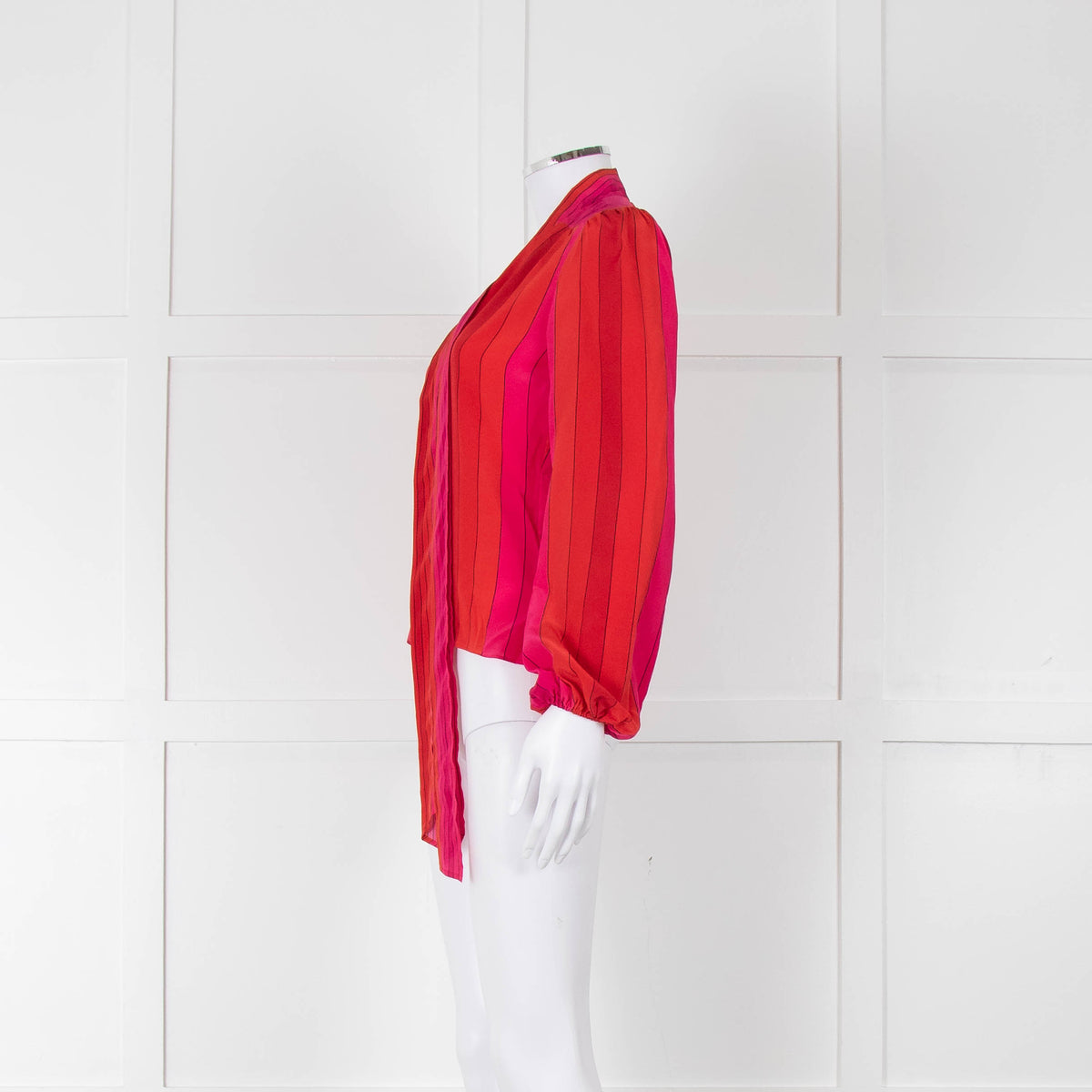 Rixo Pink Red Striped Pussy Bow Silk Blouse