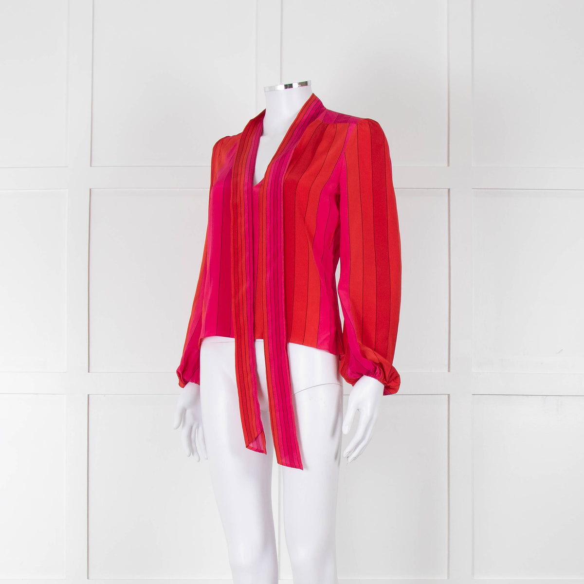 Rixo Pink Red Striped Pussy Bow Silk Blouse