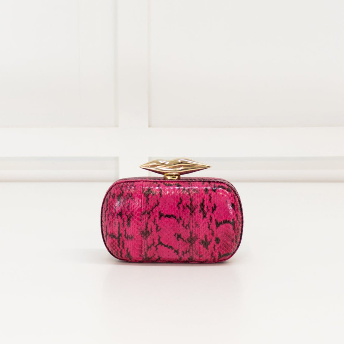 Diane Von Furstenberg Hot Pink Snakeskin Effect Lip Clasp Clutch