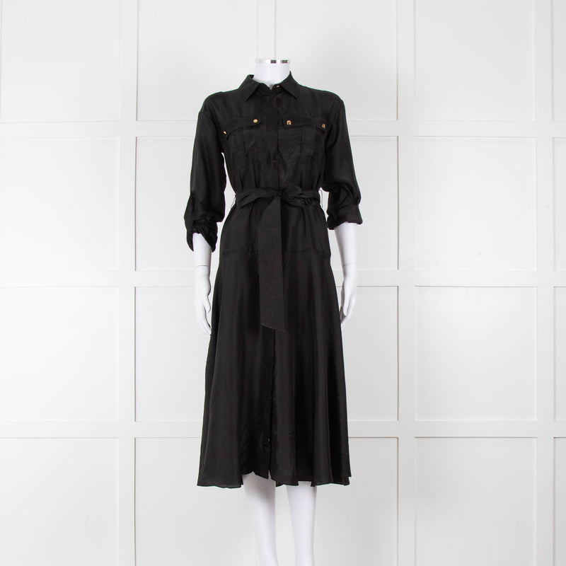 Veronica Beard Black Front Pocket Silk Belted Silk Dress