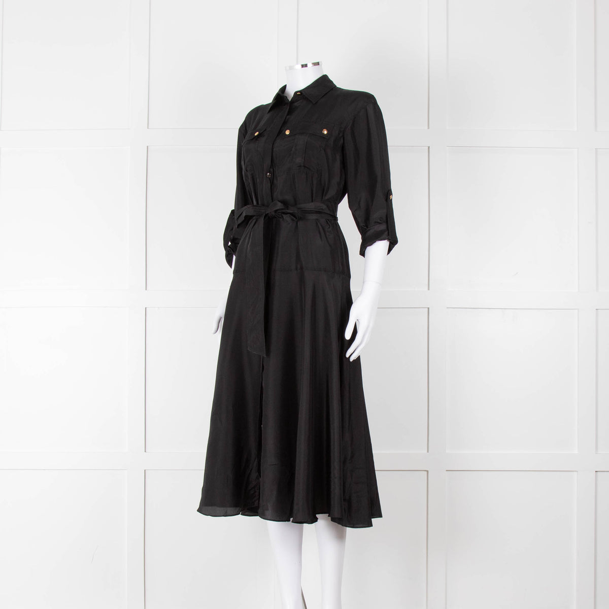 Veronica Beard Black Front Pocket Silk Belted Silk Dress