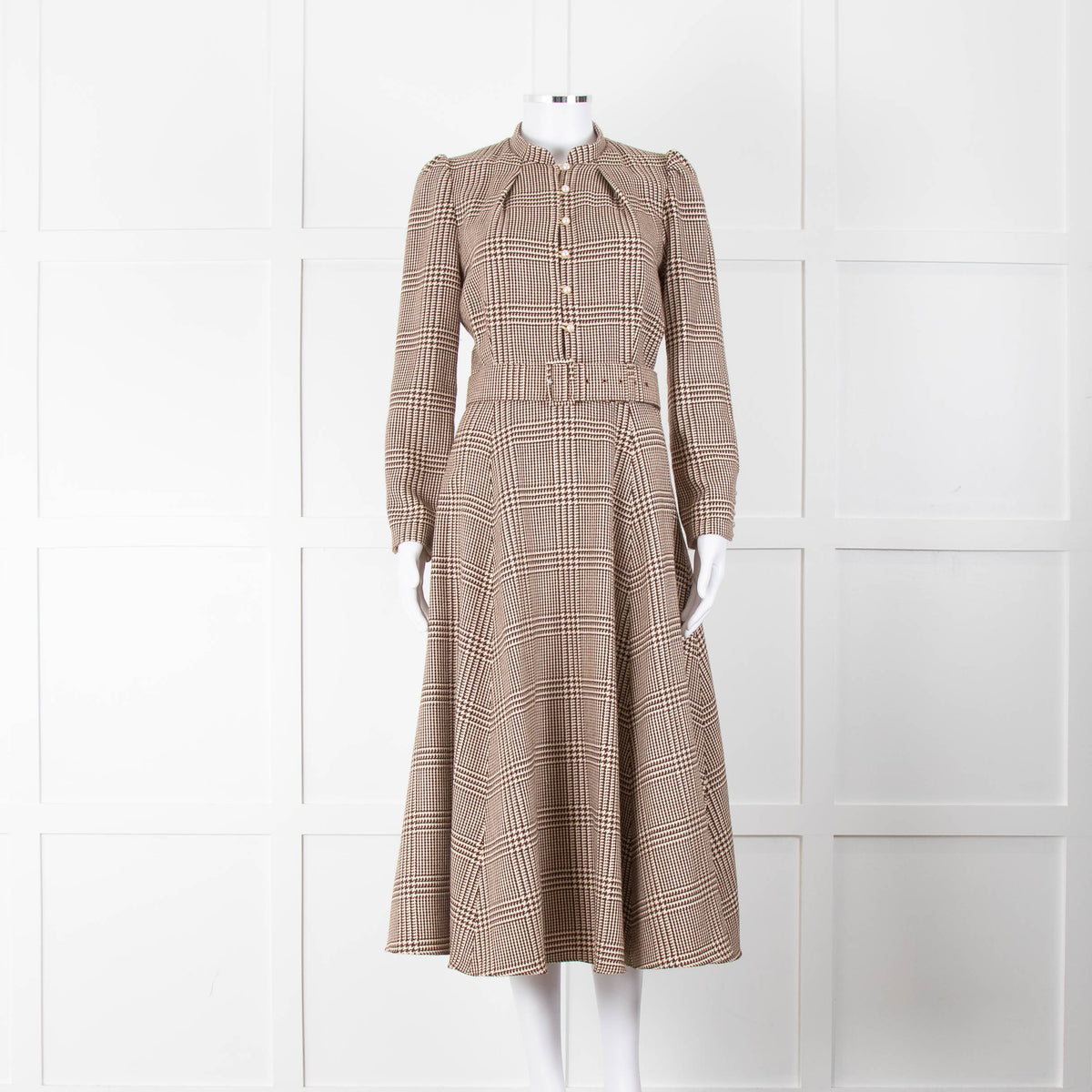 Beulah London Brown Prince of Wales Check Midi Dress with Pearl Buttons