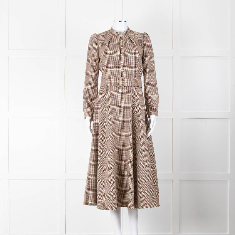 Beulah London Brown Prince of Wales Check Midi Dress with Pearl Buttons