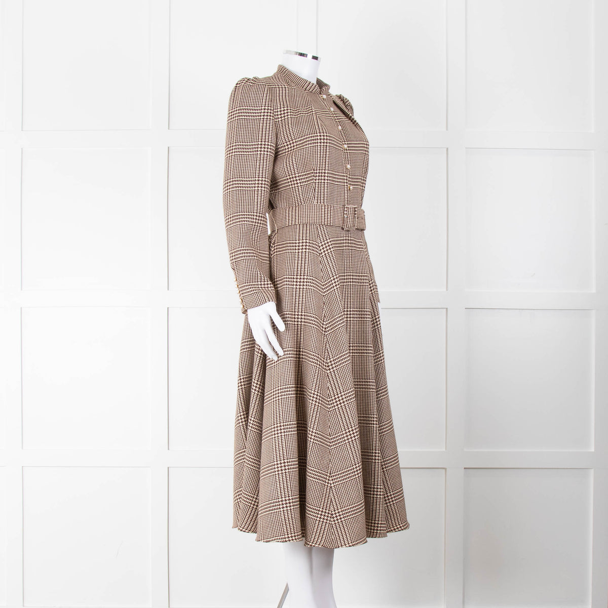 Beulah London Brown Prince of Wales Check Midi Dress with Pearl Buttons
