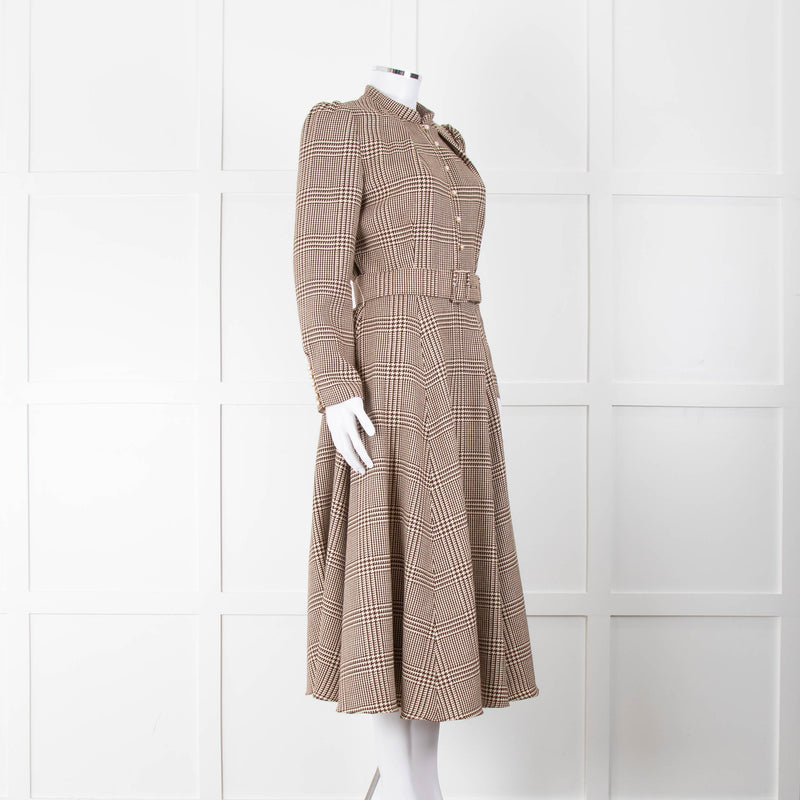 Beulah London Brown Prince of Wales Check Midi Dress with Pearl Buttons