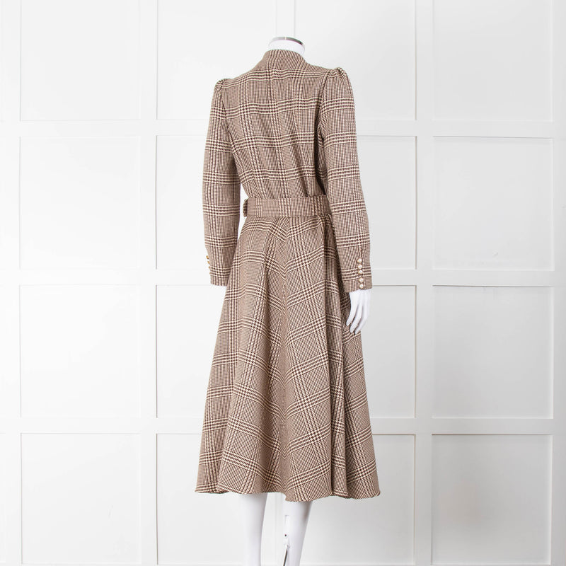 Beulah London Brown Prince of Wales Check Midi Dress with Pearl Buttons