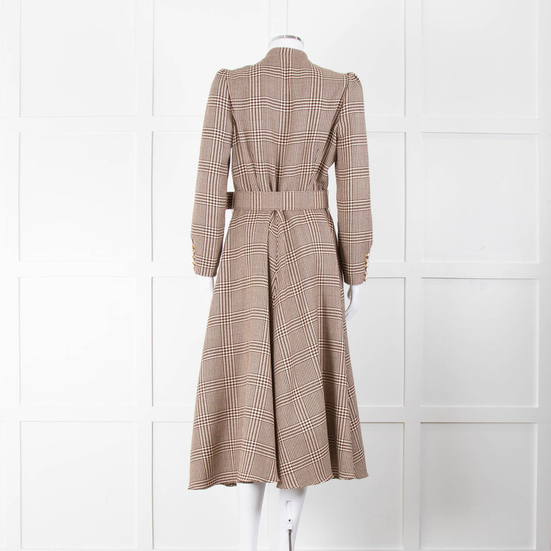 Beulah London Brown Prince of Wales Check Midi Dress with Pearl Buttons