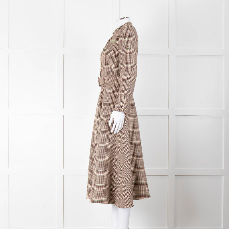 Beulah London Brown Prince of Wales Check Midi Dress with Pearl Buttons