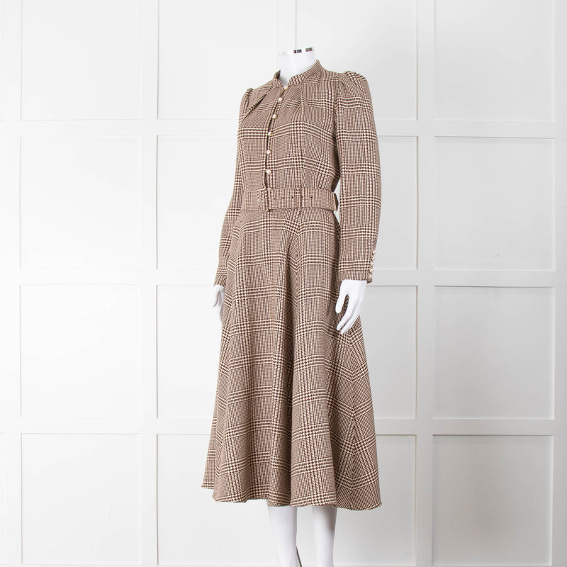 Beulah London Brown Prince of Wales Check Midi Dress with Pearl Buttons