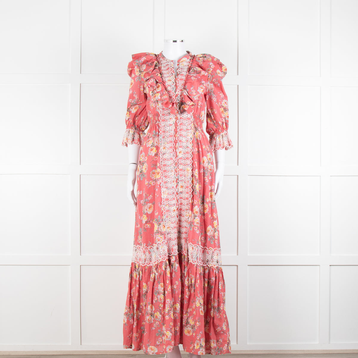ByTiMo Pink Cotton Frill Maxi Dress with Embroidered Chest Panel