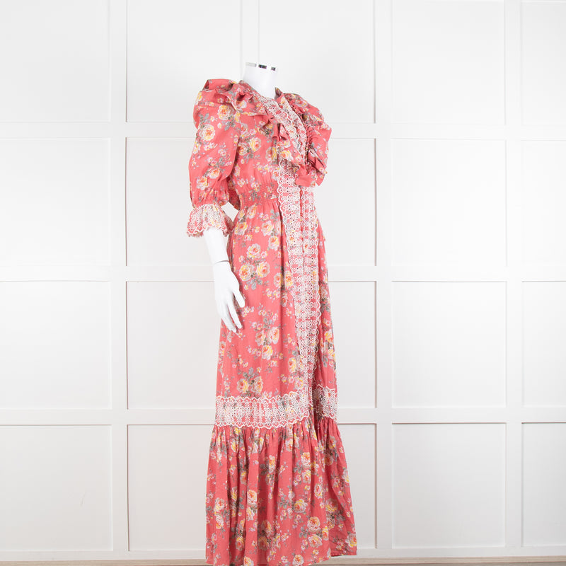 ByTiMo Pink Cotton Frill Maxi Dress with Embroidered Chest Panel
