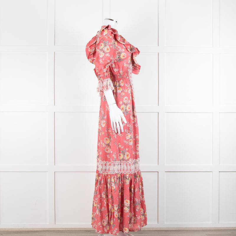 ByTiMo Pink Cotton Frill Maxi Dress with Embroidered Chest Panel