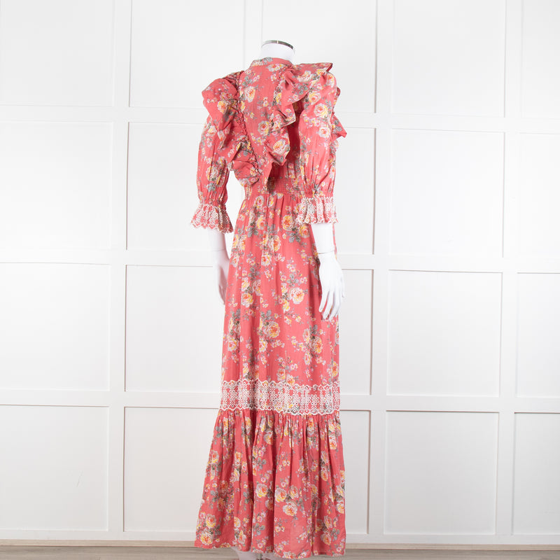 ByTiMo Pink Cotton Frill Maxi Dress with Embroidered Chest Panel