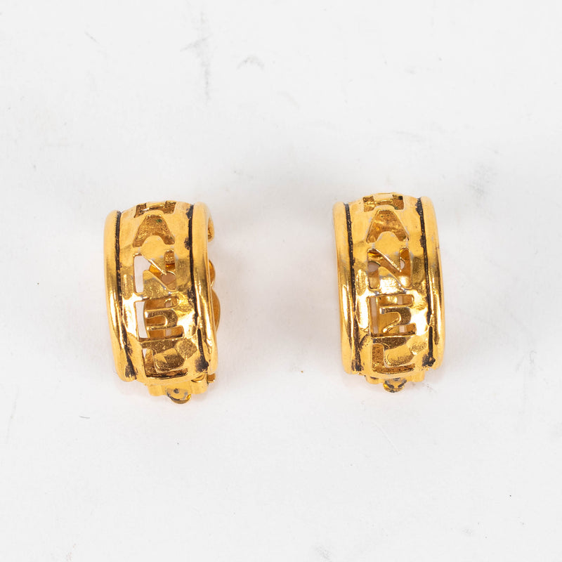 Chanel Gold Vintage Cut Out Logo Clip On Hoop Earrings