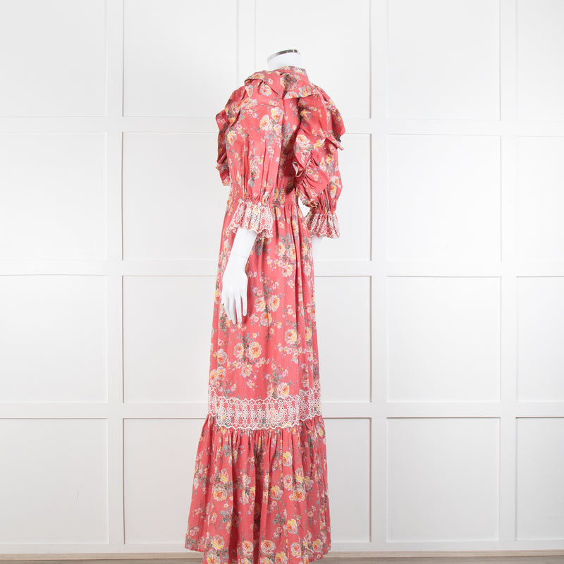 ByTiMo Pink Cotton Frill Maxi Dress with Embroidered Chest Panel
