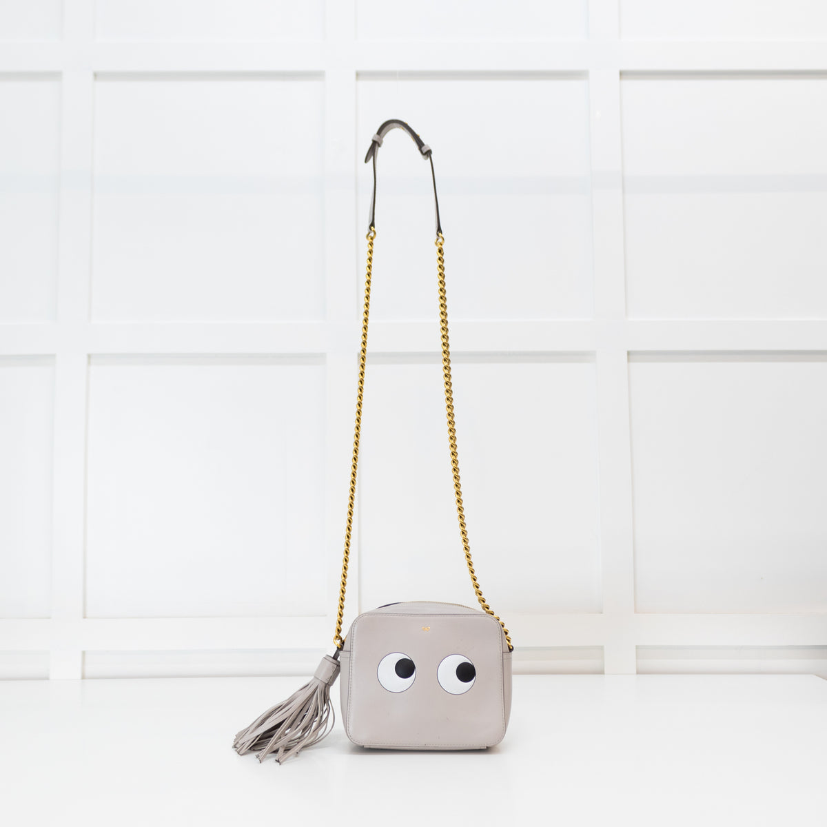 Anya Hindmarch Mini Grey Eyes Crossbody With Gold Chain