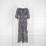 Rixo Navy Maxi Dress with Cream Floral Print & Metallic Thread