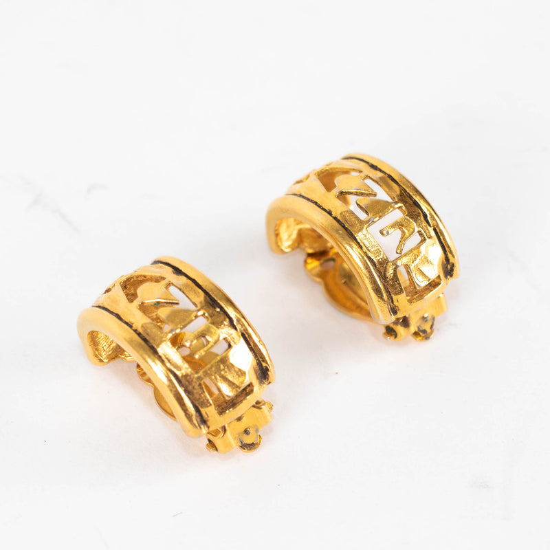 Chanel Gold Vintage Cut Out Logo Clip On Hoop Earrings