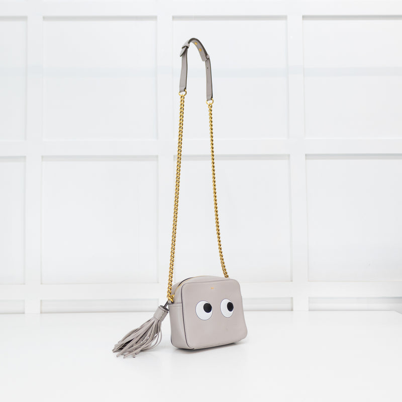 Anya Hindmarch Mini Grey Eyes Crossbody With Gold Chain