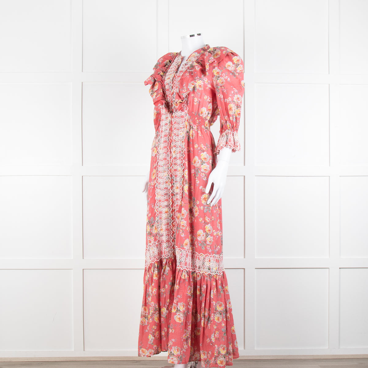 ByTiMo Pink Cotton Frill Maxi Dress with Embroidered Chest Panel