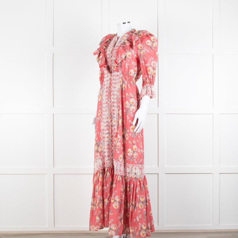 ByTiMo Pink Cotton Frill Maxi Dress with Embroidered Chest Panel