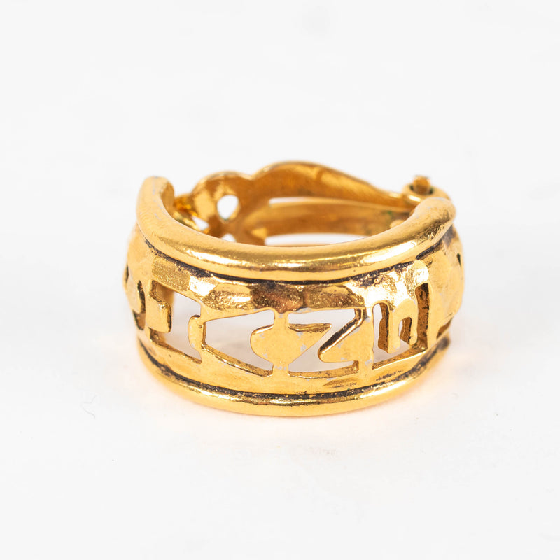 Chanel Gold Vintage Cut Out Logo Clip On Hoop Earrings