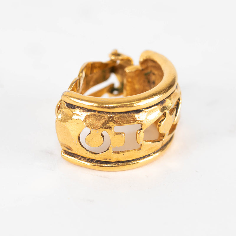 Chanel Gold Vintage Cut Out Logo Clip On Hoop Earrings