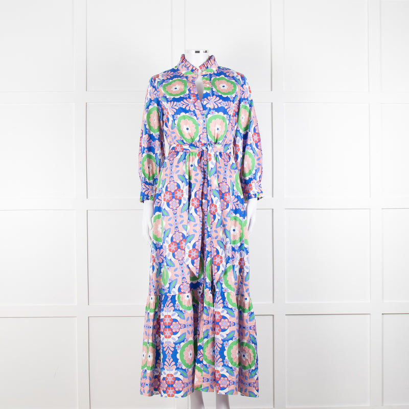 Borgo de Nor Blue and Pink Floral Cotton Maxi Dress