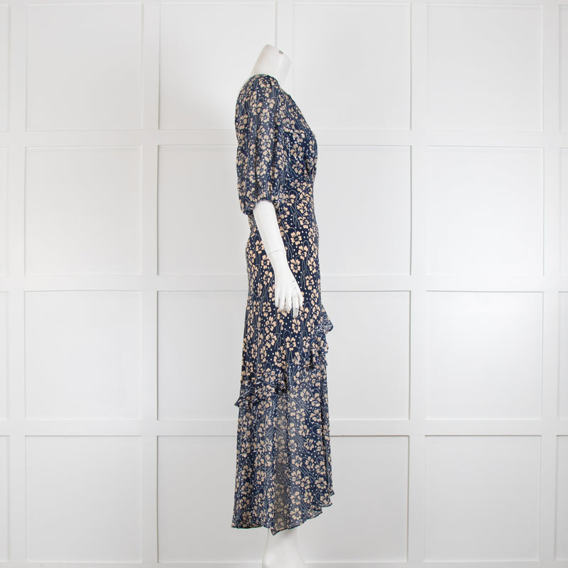 Rixo Navy Maxi Dress with Cream Floral Print & Metallic Thread