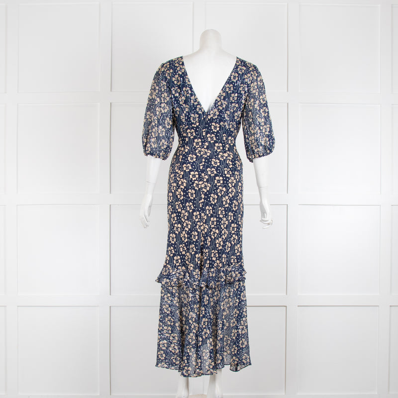 Rixo Navy Maxi Dress with Cream Floral Print & Metallic Thread