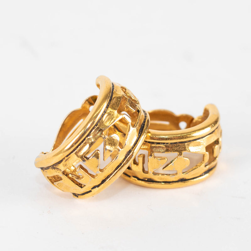 Chanel Gold Vintage Cut Out Logo Clip On Hoop Earrings