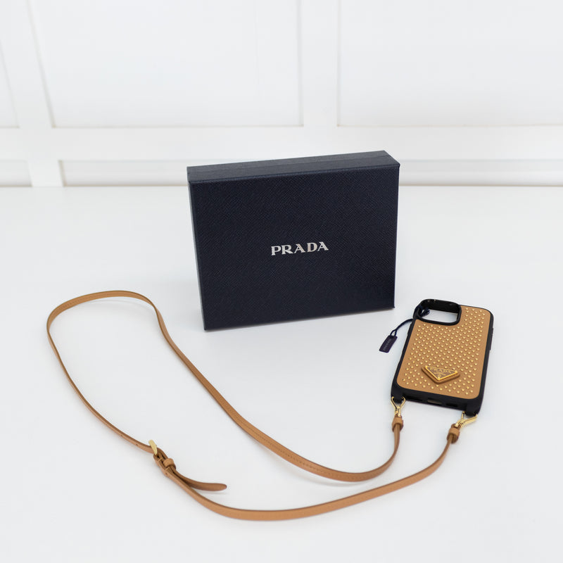 Prada Tan Leather Studded 16 Pro Max iPhone Case