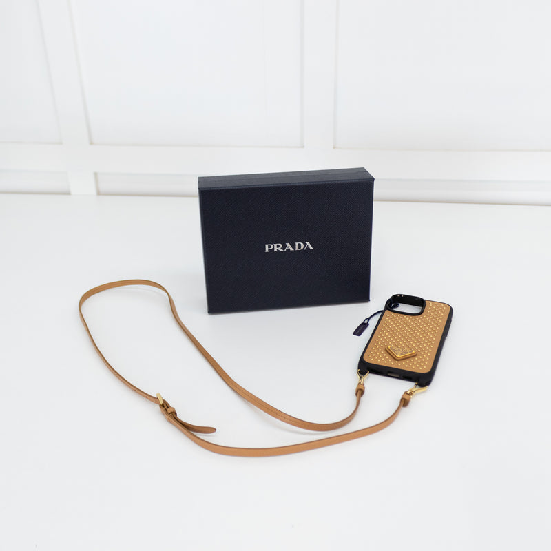 Prada Tan Leather Studded 16 Pro Max iPhone Case