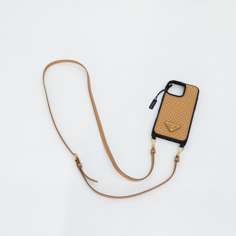 Prada Tan Leather Studded 16 Pro Max iPhone Case