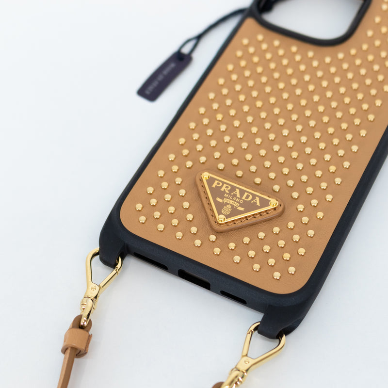 Prada Tan Leather Studded 16 Pro Max iPhone Case