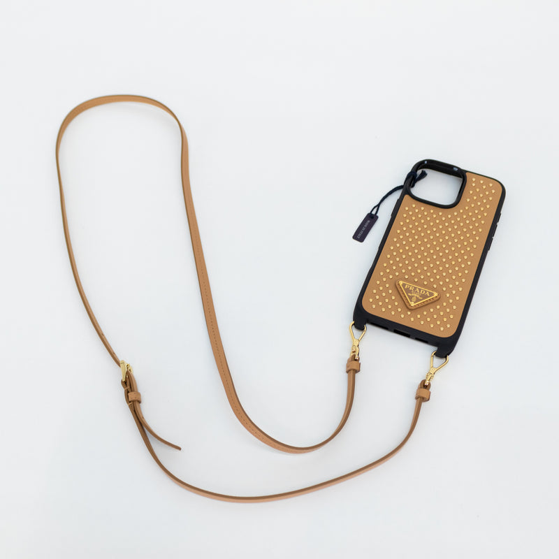 Prada Tan Leather Studded 16 Pro Max iPhone Case