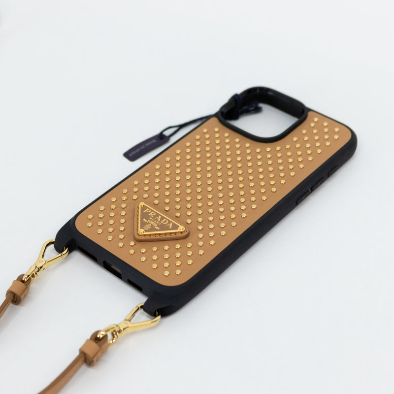Prada Tan Leather Studded 16 Pro Max iPhone Case