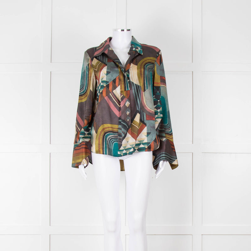 Dea Kudibal Khaki Abstract Silk Blouse