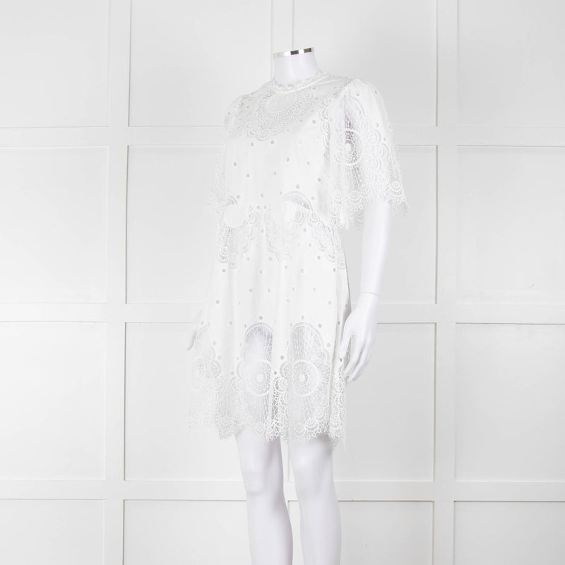 Temperley White Cotton Mix Broderie Anglaise Short Dress With Slip