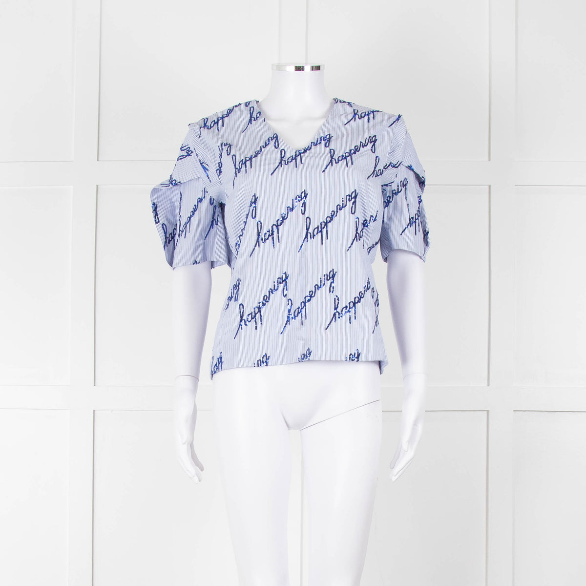 Sandro Blue And White Striped Top With Blue Sequin 'happening' Words