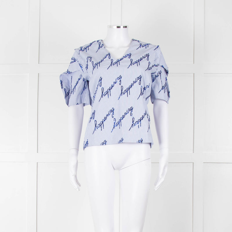 Sandro Blue And White Striped Top With Blue Sequin 'happening' Words