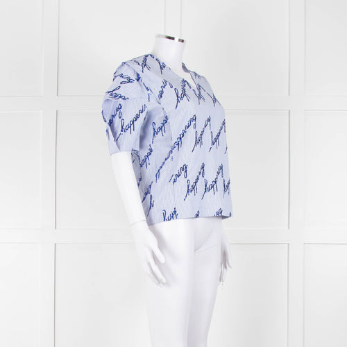 Sandro Blue And White Striped Top With Blue Sequin 'happening' Words