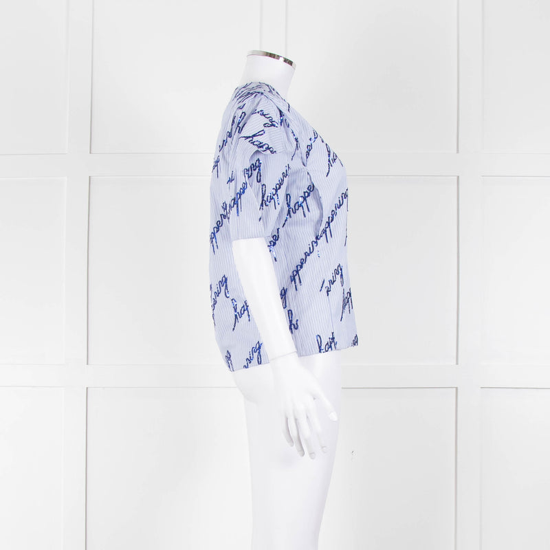 Sandro Blue And White Striped Top With Blue Sequin 'happening' Words